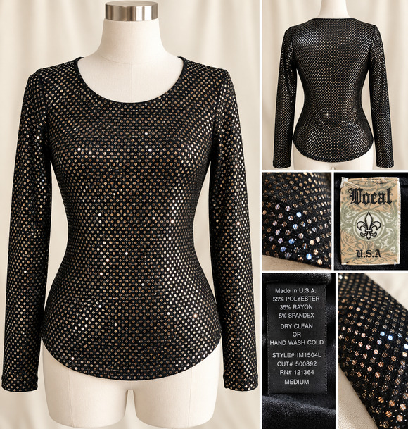 Vocal Tops - Vocal M Black Metallic Sheer Mesh Top Y2K McBling Disco Glam Party Indie Sleaze